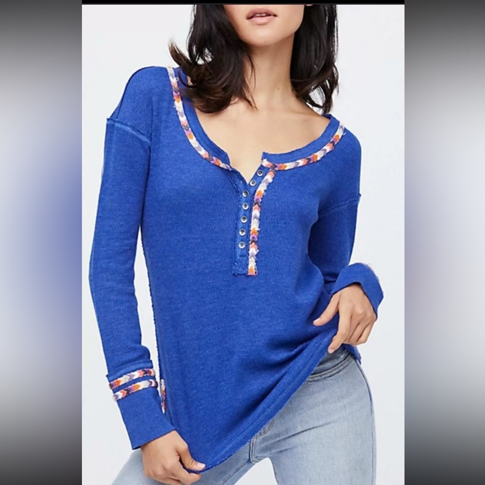 Free People | We The Free | Thermal Long Sleeve Henley Top | Blue | Medium